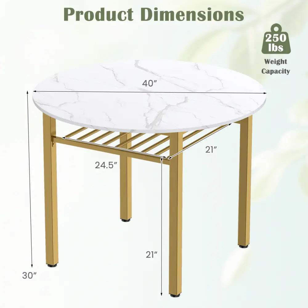 40€ Round Kitchen Table with Storage Shelf and Metal Frame for 4 People-White - White - Dining Tables