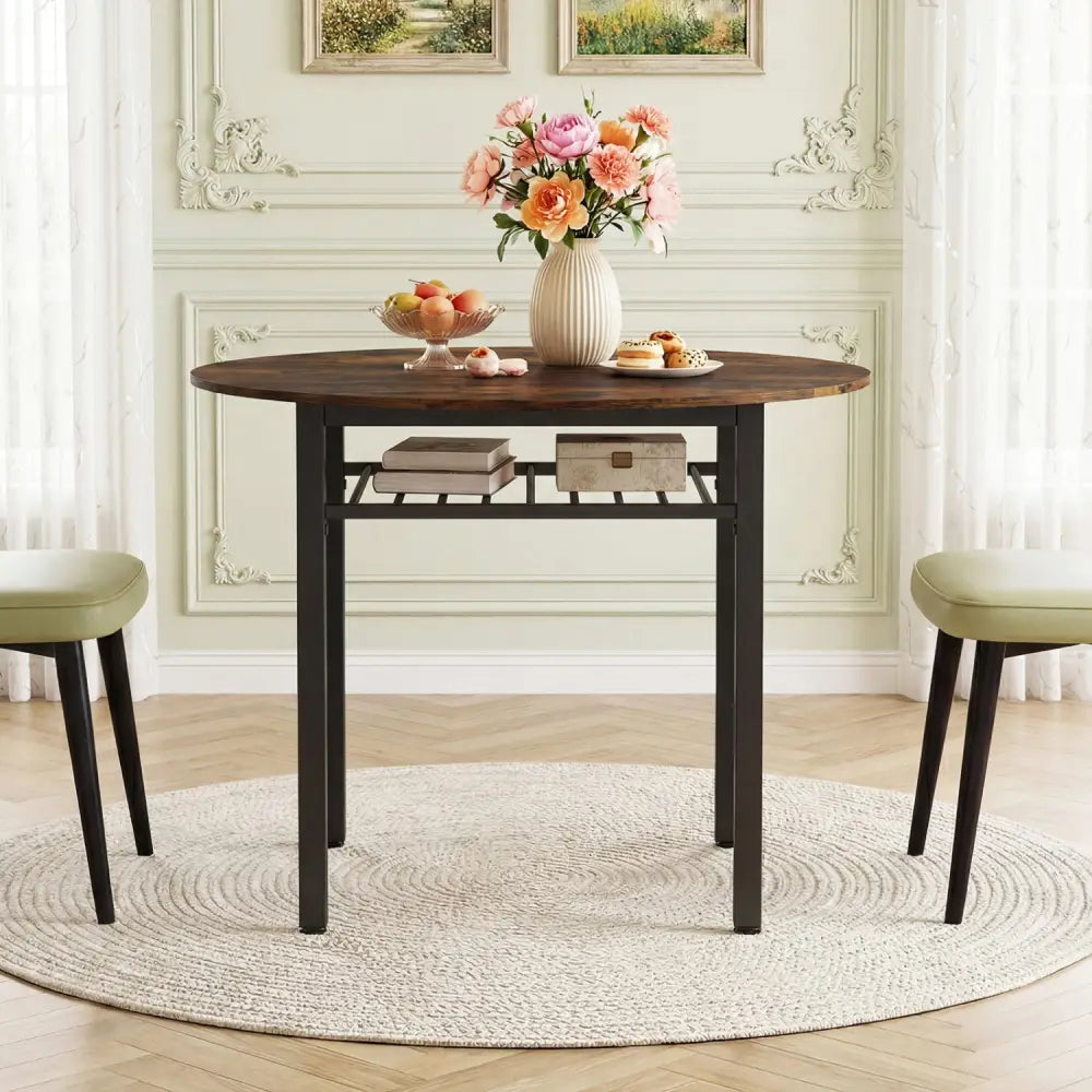 40€ Round Kitchen Table with Storage Shelf and Metal Frame for 4 People-Rustic Brown - Rustic Brown - Dining Tables