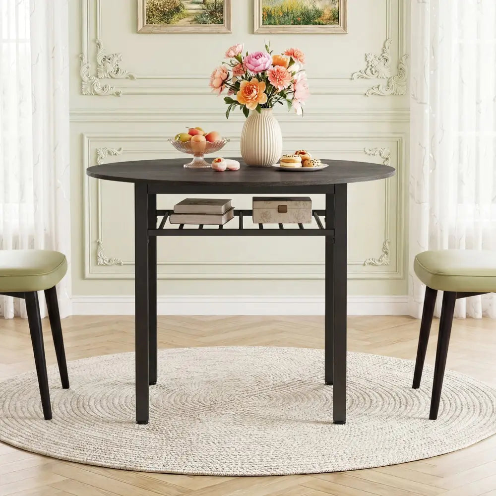 40€ Round Kitchen Table with Storage Shelf and Metal Frame for 4 People-Gray - Gray - Dining Tables