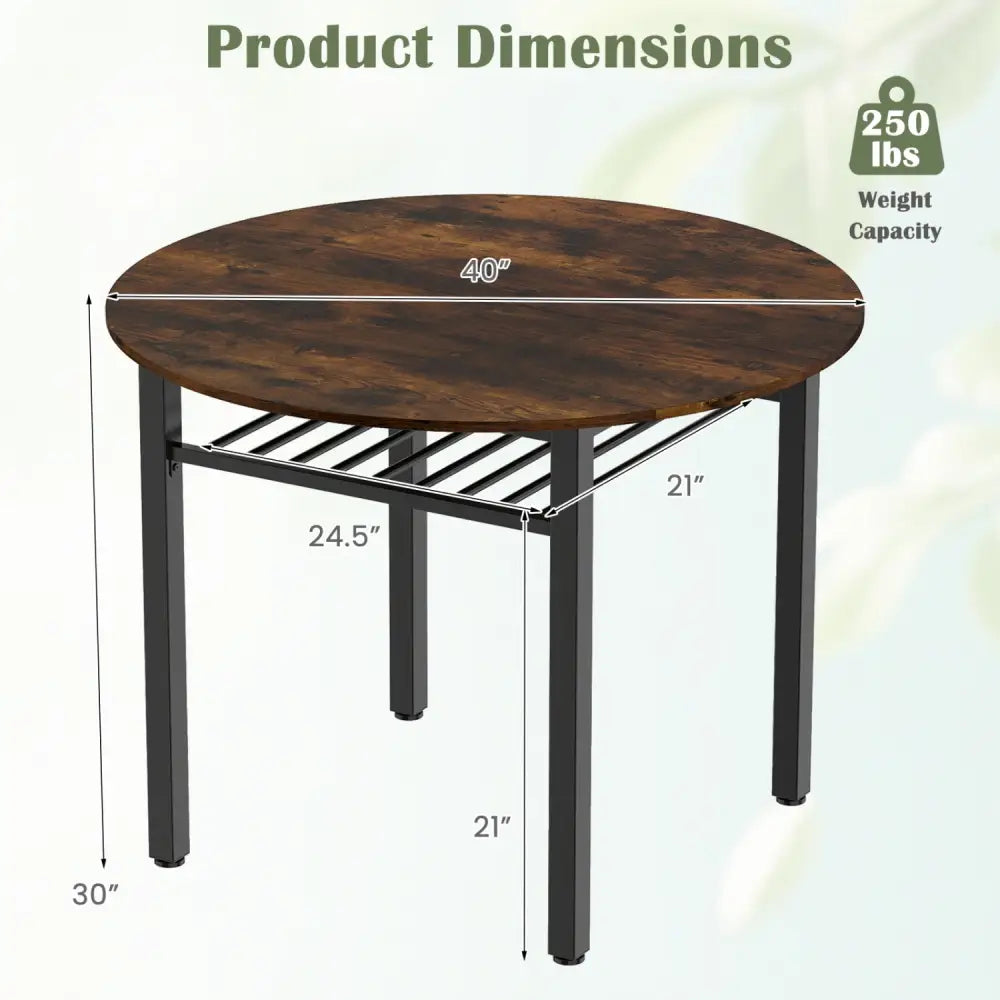 40€ Round Kitchen Table with Storage Shelf and Metal Frame for 4 People-Rustic Brown - Rustic Brown - Dining Tables