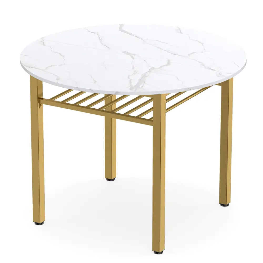 40€ Round Kitchen Table with Storage Shelf and Metal Frame for 4 People-White - White - Dining Tables