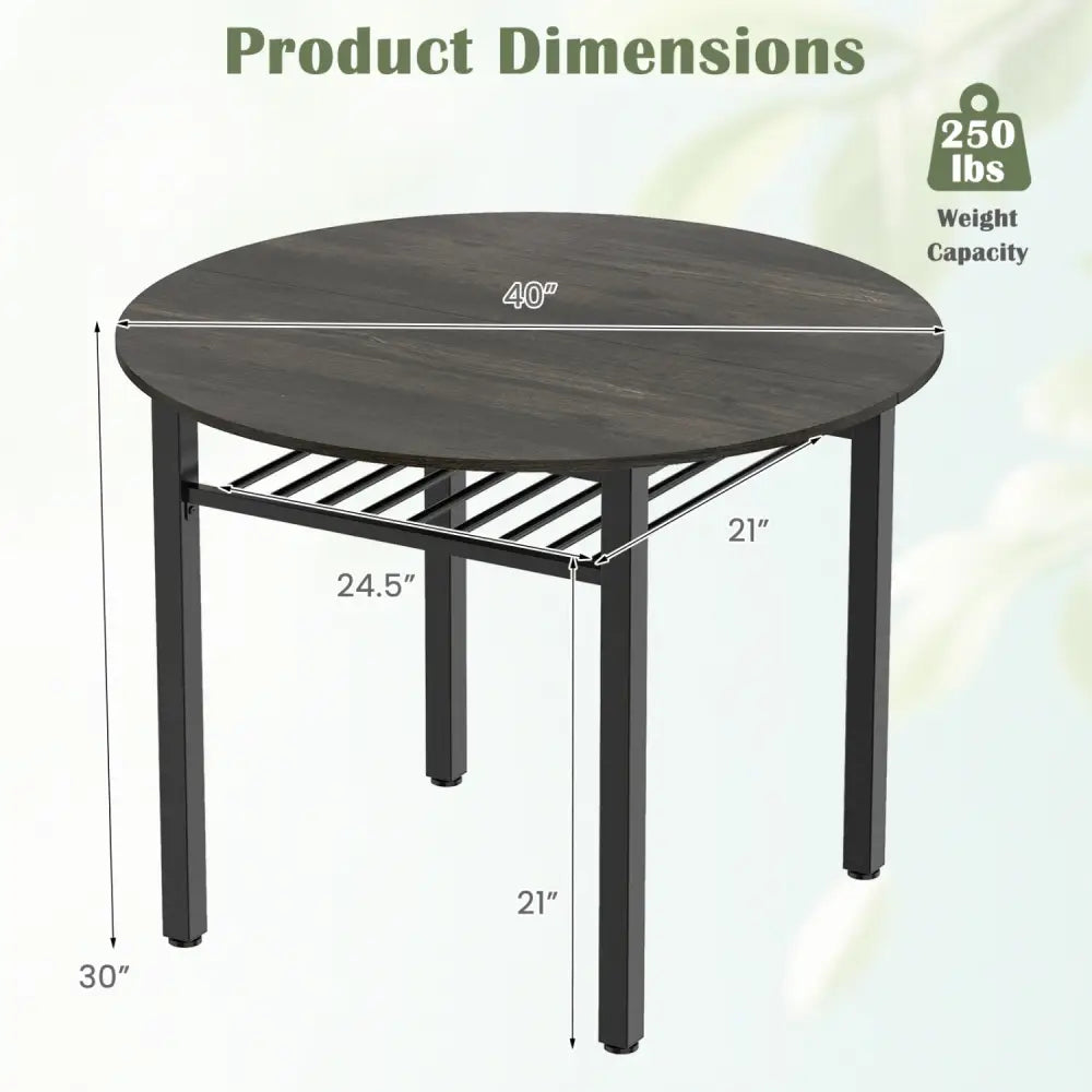 40€ Round Kitchen Table with Storage Shelf and Metal Frame for 4 People-Gray - Gray - Dining Tables