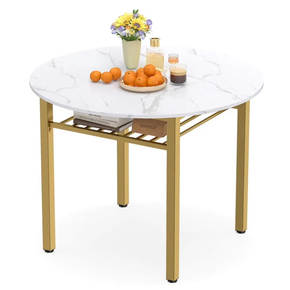 40€ Round Kitchen Table with Storage Shelf and Metal Frame for 4 People-White - White - Dining Tables