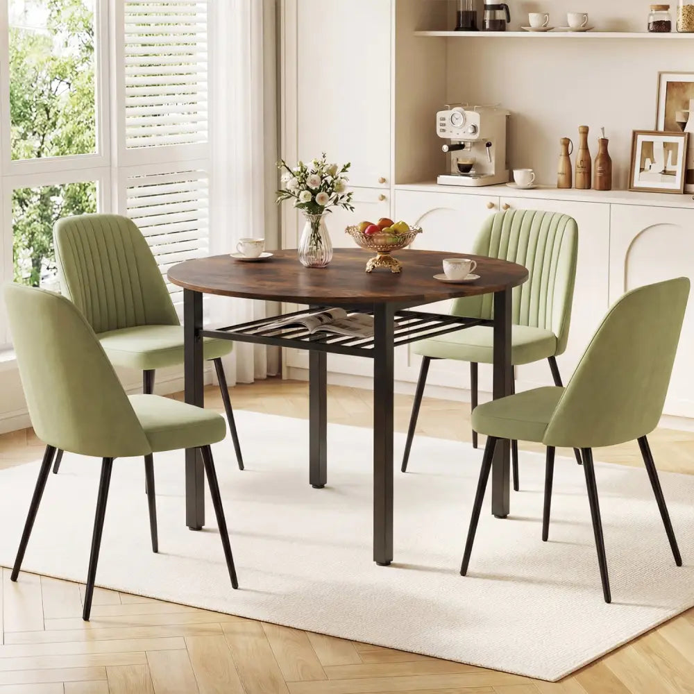 40€ Round Kitchen Table with Storage Shelf and Metal Frame for 4 People-Rustic Brown - Rustic Brown - Dining Tables