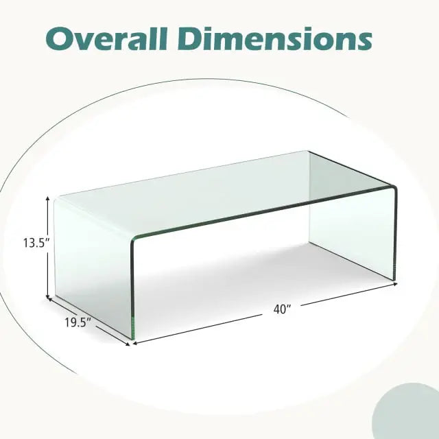 40 x 19.5 x 13.5 Inch Glass Coffee Table with Rounded Edges for Living Room - Transparent - Coffee Tables