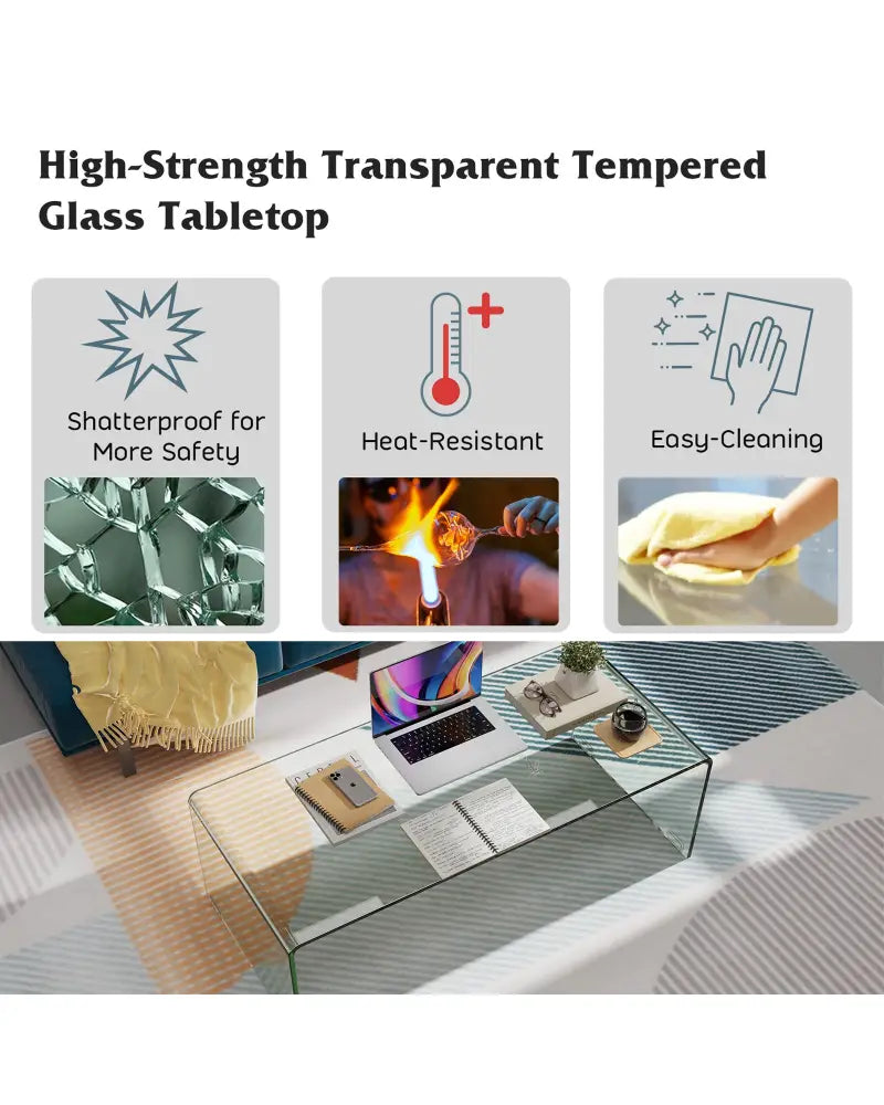 40 x 19.5 x 13.5 Inch Glass Coffee Table with Rounded Edges for Living Room - Transparent - Coffee Tables