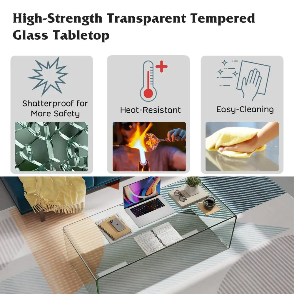 40 x 19.5 x 13.5 Inch Glass Coffee Table with Rounded Edges for Living Room - Transparent - Coffee Tables