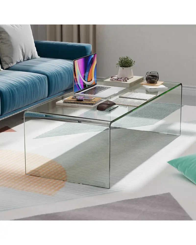 40 x 19.5 x 13.5 Inch Glass Coffee Table with Rounded Edges for Living Room - Transparent - Coffee Tables