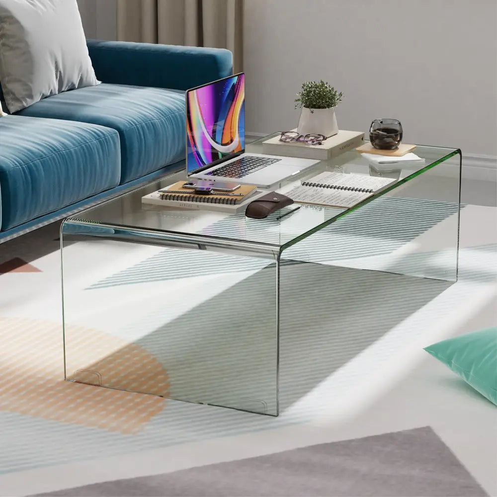 40 x 19.5 x 13.5 Inch Glass Coffee Table with Rounded Edges for Living Room - Transparent - Coffee Tables