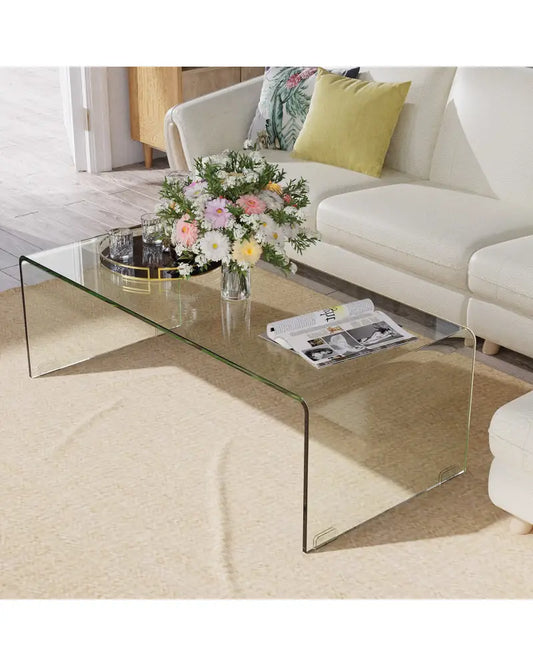 40 x 19.5 x 13.5 Inch Glass Coffee Table with Rounded Edges for Living Room - Transparent - Coffee Tables