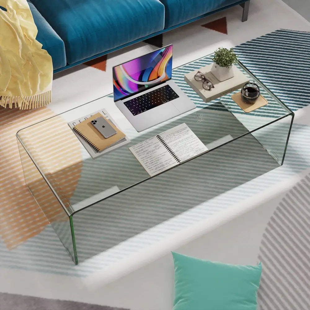 40 x 19.5 x 13.5 Inch Glass Coffee Table with Rounded Edges for Living Room - Transparent - Coffee Tables