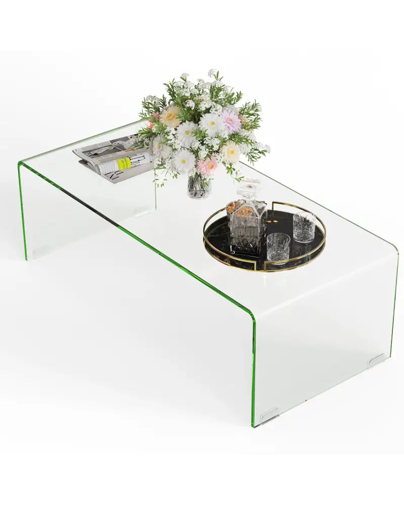 40 x 19.5 x 13.5 Inch Glass Coffee Table with Rounded Edges for Living Room - Transparent - Coffee Tables