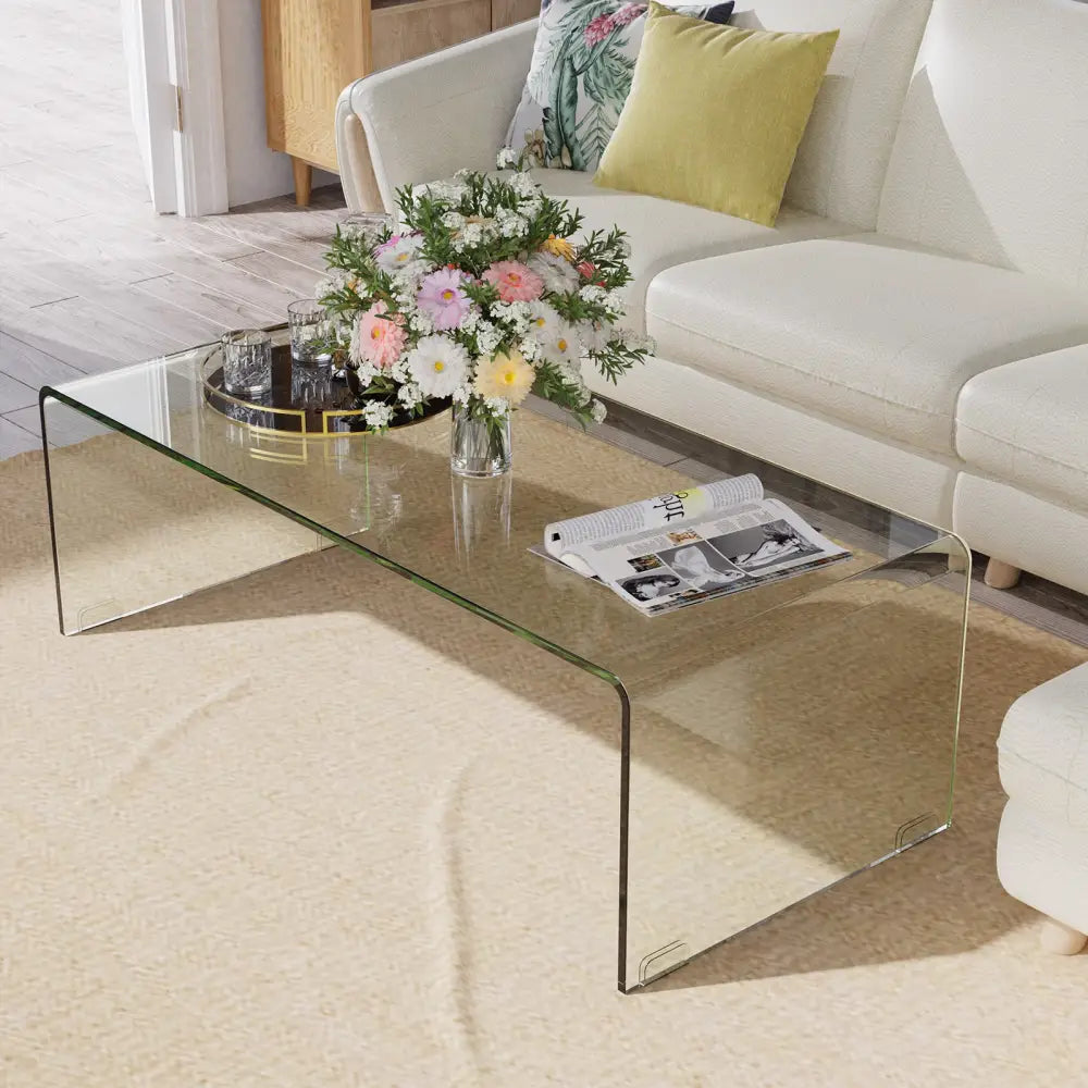 40 x 19.5 x 13.5 Inch Glass Coffee Table with Rounded Edges for Living Room - Transparent - Coffee Tables