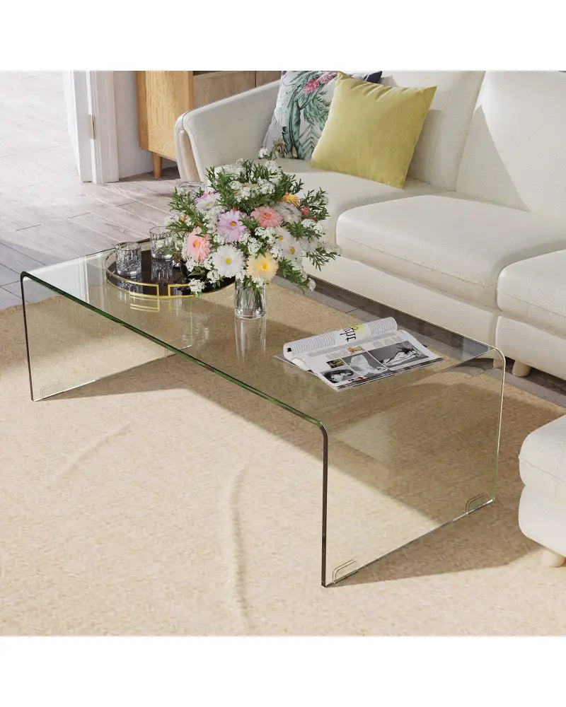 40 x 19.5 x 13.5 Inch Glass Coffee Table with Rounded Edges for Living Room - Transparent - Coffee Tables