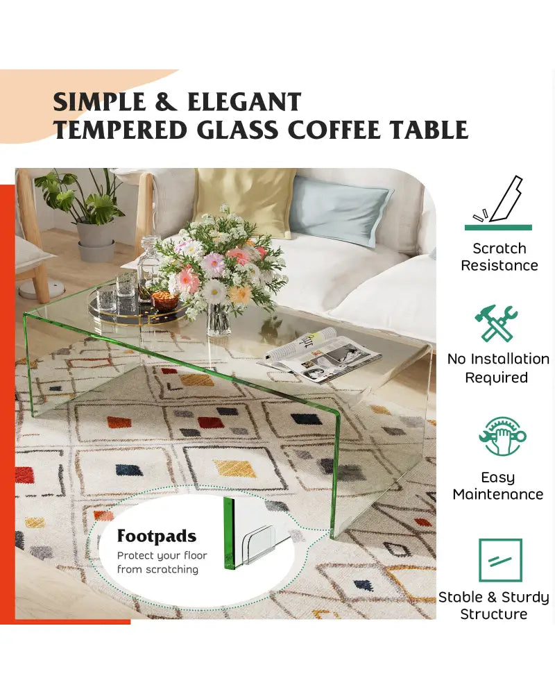 40 x 19.5 x 13.5 Inch Glass Coffee Table with Rounded Edges for Living Room - Transparent - Coffee Tables