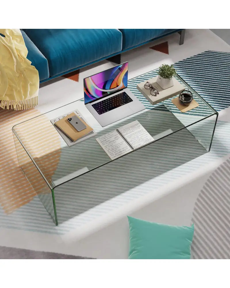 40 x 19.5 x 13.5 Inch Glass Coffee Table with Rounded Edges for Living Room - Transparent - Coffee Tables