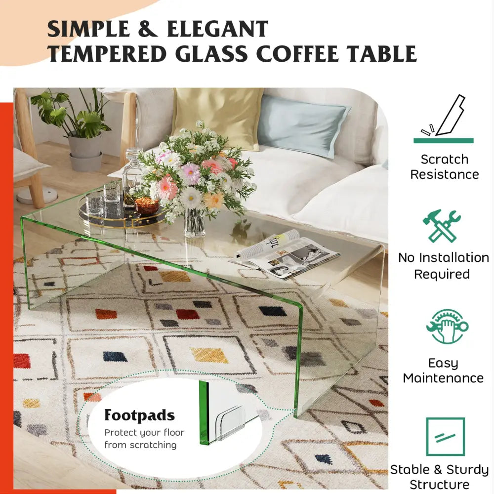 40 x 19.5 x 13.5 Inch Glass Coffee Table with Rounded Edges for Living Room - Transparent - Coffee Tables