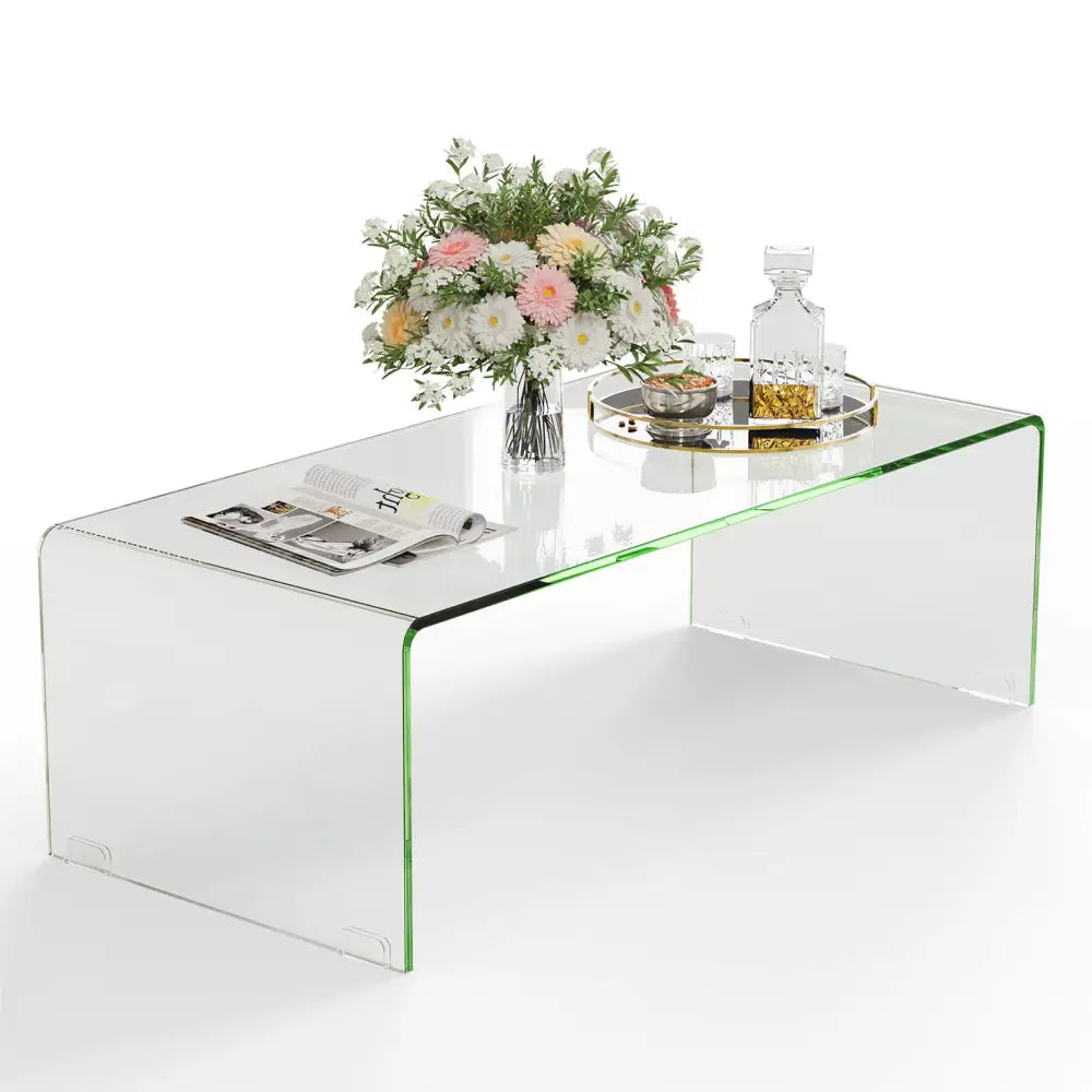 40 x 19.5 x 13.5 Inch Glass Coffee Table with Rounded Edges for Living Room - Transparent - Coffee Tables
