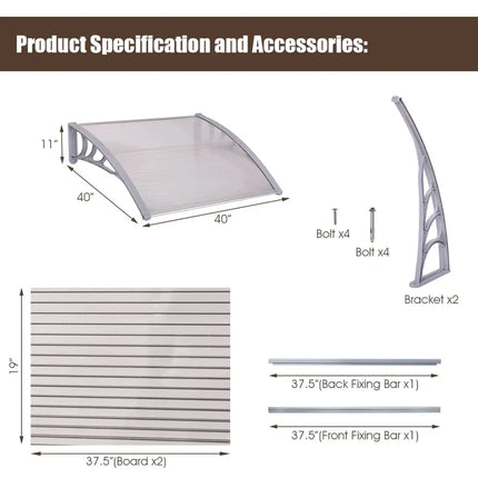40 x 40 Inch Outdoor Polycarbonate Front Door Window Awning Canopy-Gray - Gray - Outdoor Shades