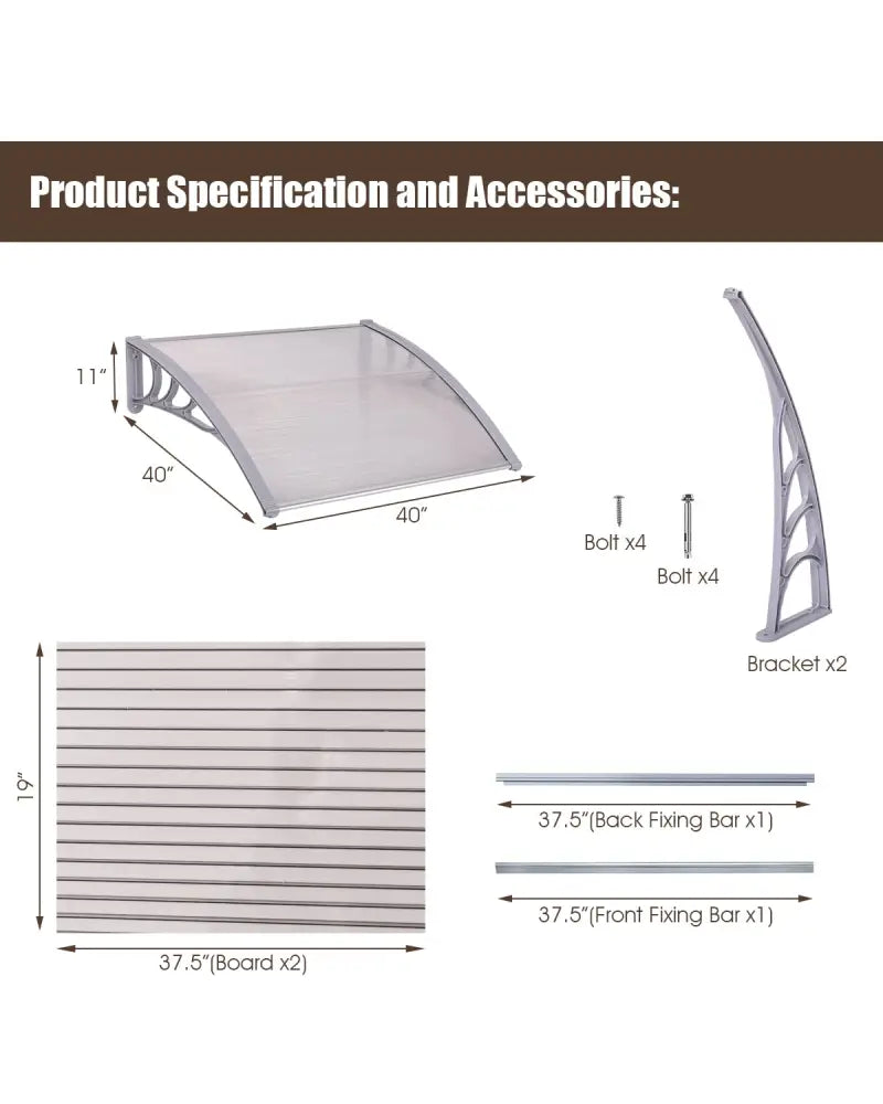 40 x 40 Inch Outdoor Polycarbonate Front Door Window Awning Canopy-Gray - Gray - Outdoor Shades