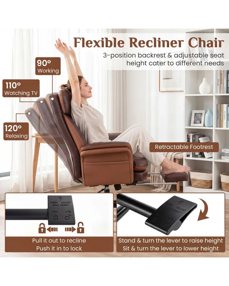 400 LBS Ergonomic Big and Tall Office Chair with Faux Leather-Brown - Brown - Office Chairs