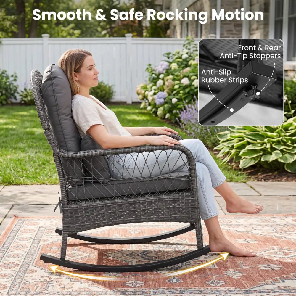 400 LBS Patio Rattan Rocker Chair with Anti-Tip Stoppers and Thick Cushions for Porch-Gray - Gray - Patio Rocking
