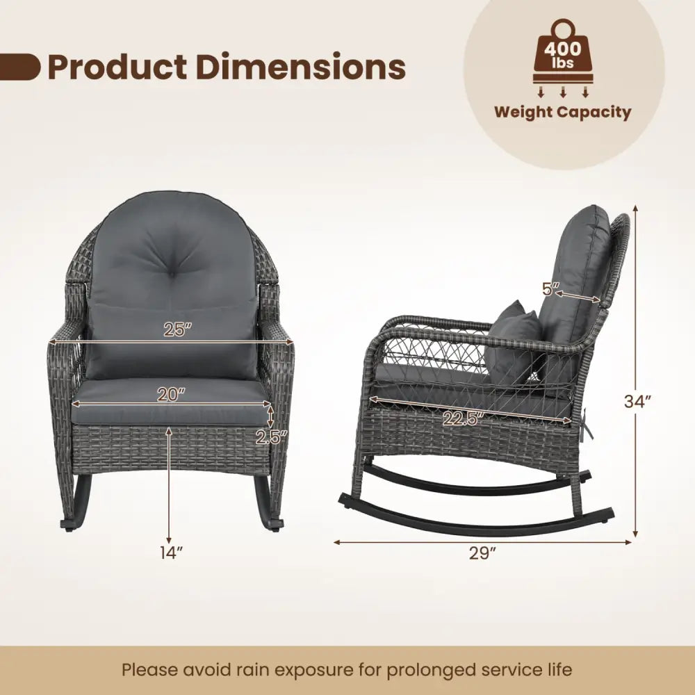400 LBS Patio Rattan Rocker Chair with Anti-Tip Stoppers and Thick Cushions for Porch-Gray - Gray - Patio Rocking