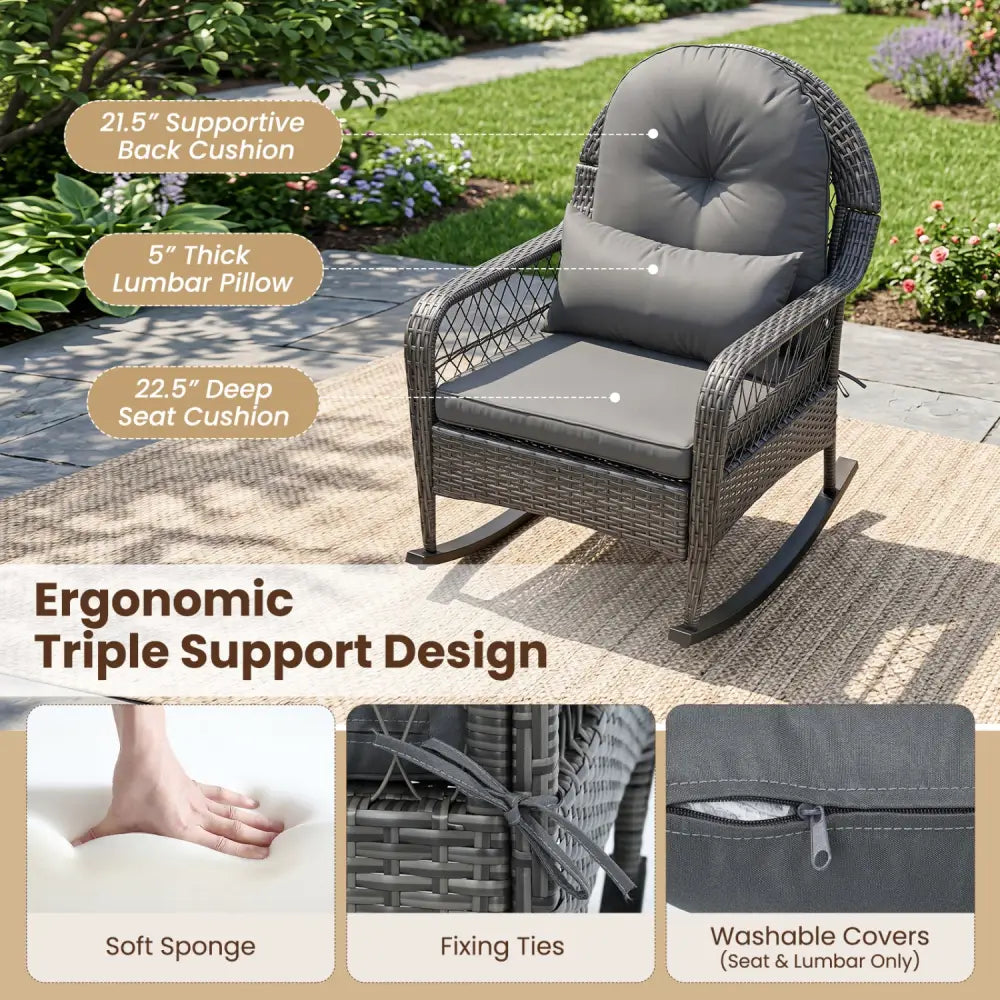 400 LBS Patio Rattan Rocker Chair with Anti-Tip Stoppers and Thick Cushions for Porch-Gray - Gray - Patio Rocking