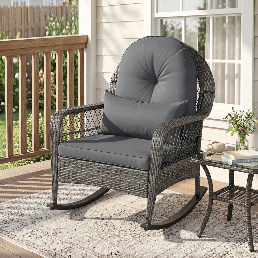400 LBS Patio Rattan Rocker Chair with Anti-Tip Stoppers and Thick Cushions for Porch-Gray - Gray - Patio Rocking