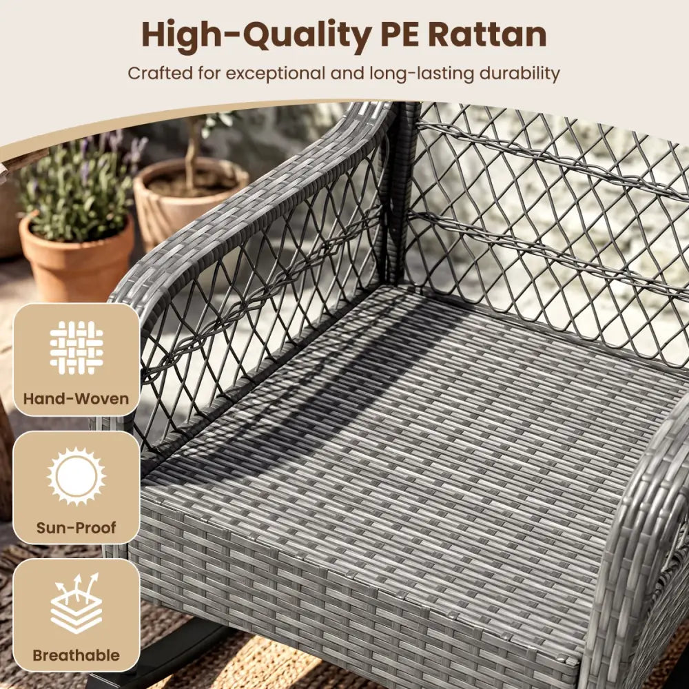400 LBS Patio Rattan Rocker Chair with Anti-Tip Stoppers and Thick Cushions for Porch-Gray - Gray - Patio Rocking