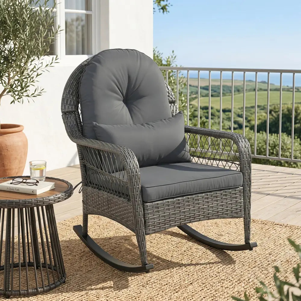 400 LBS Patio Rattan Rocker Chair with Anti-Tip Stoppers and Thick Cushions for Porch-Gray - Gray - Patio Rocking