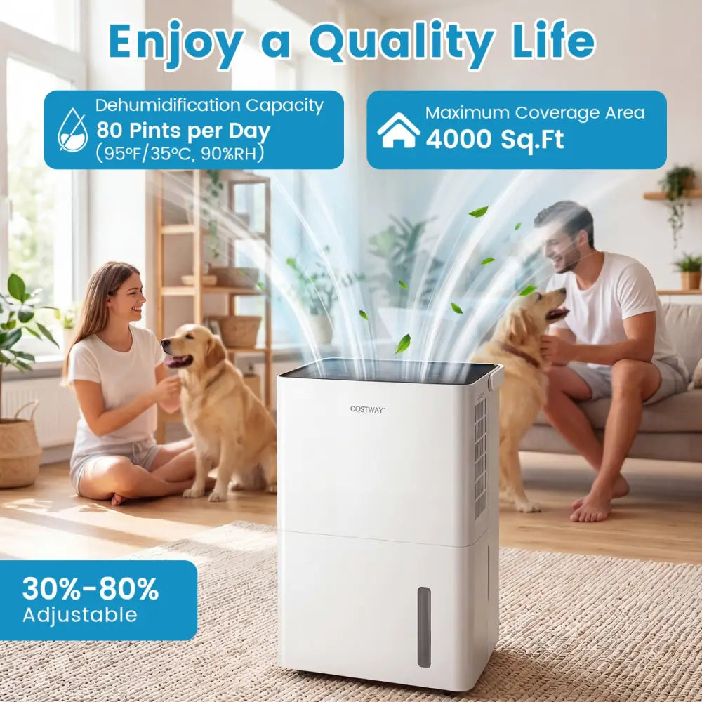 4000 Sq.Ft 80 Pint Compressor Dehumidifier with Drain HoseSmart Humidity Control and Child Lock-White - White