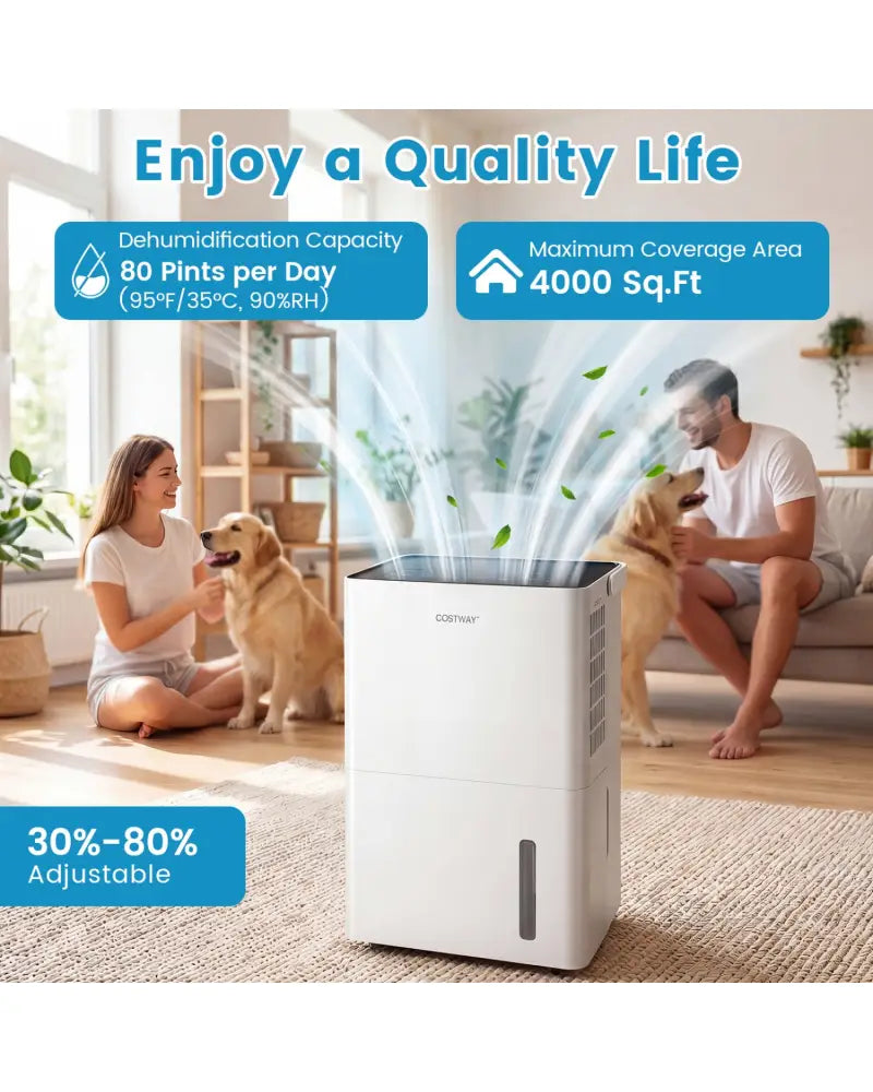 4000 Sq.Ft 80 Pint Compressor Dehumidifier with Drain HoseSmart Humidity Control and Child Lock-White - White