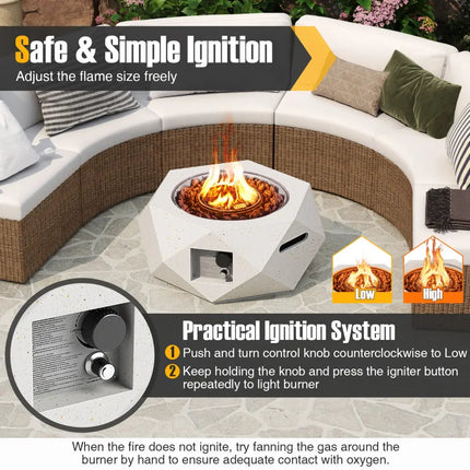 40000 BTU 28 Inch Hexagon Terrazzo Propane Fire Pit Table with Stainless Steel Burner - White - Fire Pit Tables