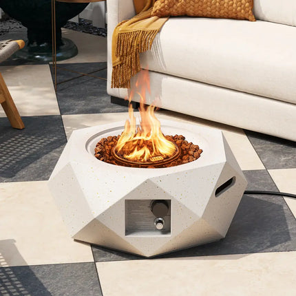 40000 BTU 28 Inch Hexagon Terrazzo Propane Fire Pit Table with Stainless Steel Burner - White - Fire Pit Tables
