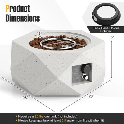 40000 BTU 28 Inch Hexagon Terrazzo Propane Fire Pit Table with Stainless Steel Burner - White - Fire Pit Tables