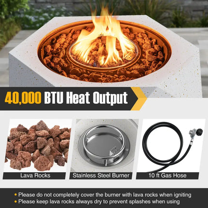 40000 BTU 28 Inch Hexagon Terrazzo Propane Fire Pit Table with Stainless Steel Burner - White - Fire Pit Tables