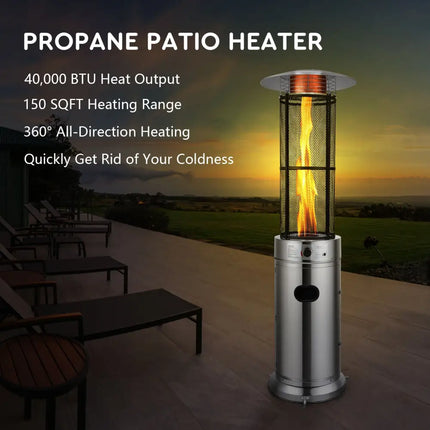 40000 BTU Stainless Steel Round Glass Tube Patio Heaters - Silver - Patio Heaters