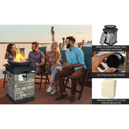 40000BTU Outdoor Propane Burning Fire Bowl Column Realistic Look Firepit Heater-Gray - Gray - Fire Pit Tables