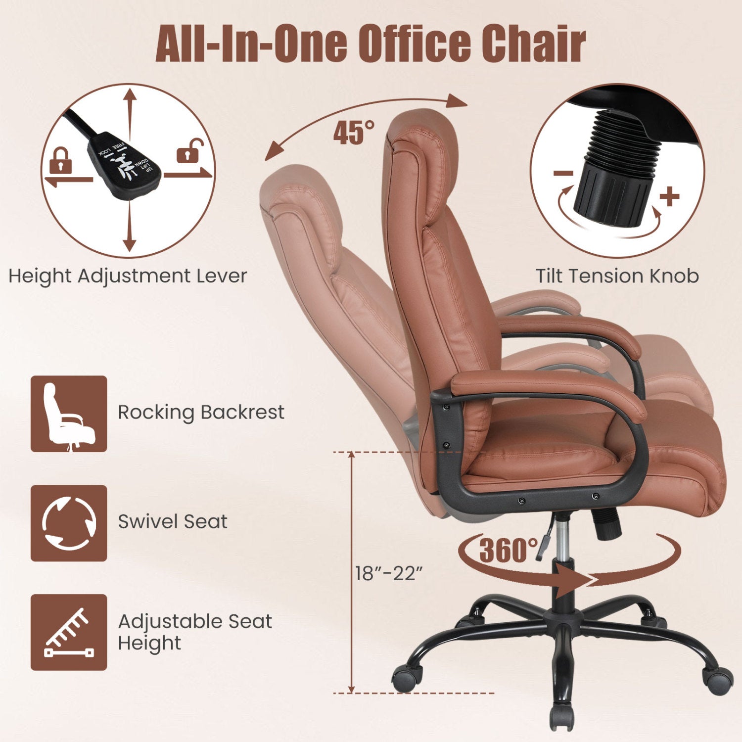 400LBS Big and Tall Chair High Back Executive Chair Ergonomic Leather Computer Chair-Brown