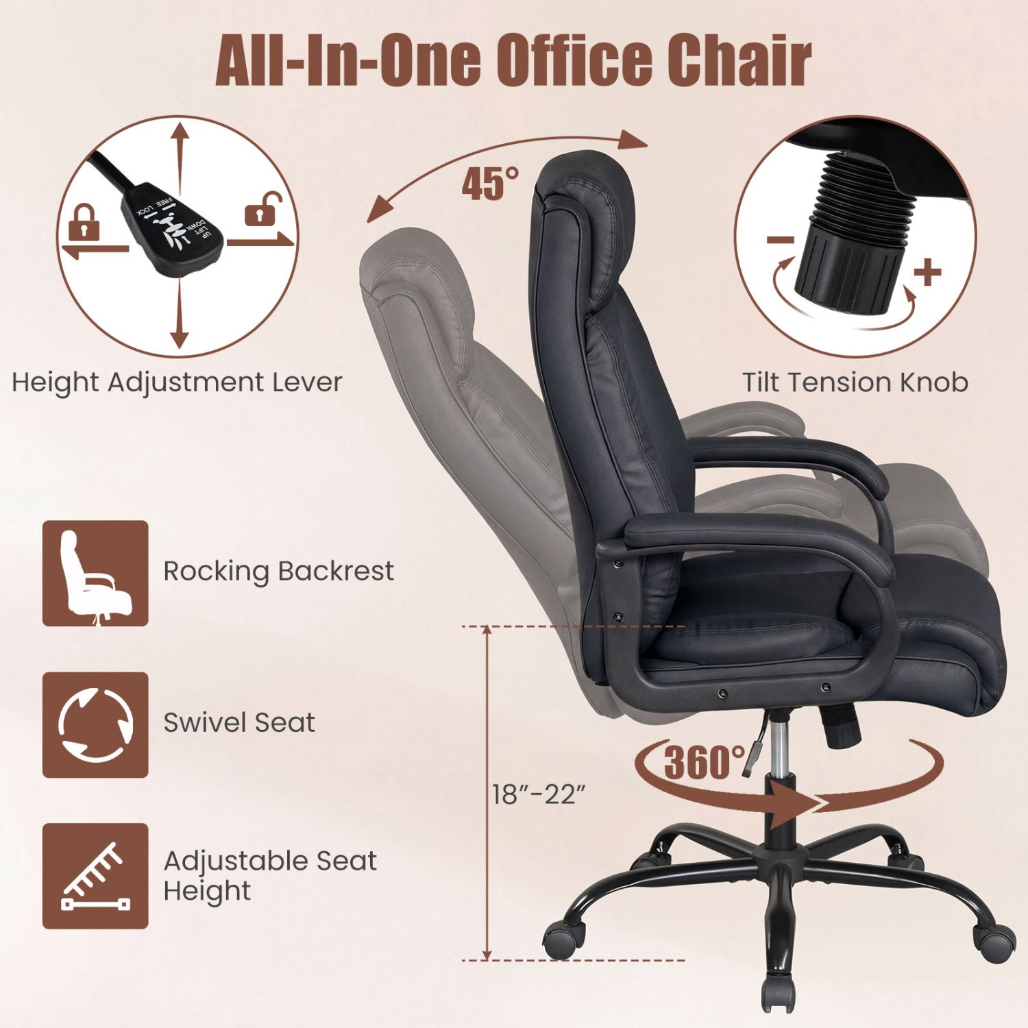400 Pounds Big and Tall Adjustable High Back Leather Office Chair
