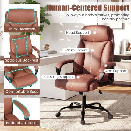 400LBS Big and Tall Chair High Back Executive Chair Ergonomic Leather Computer Chair-Brown - Brown - Big and Tall Chairs