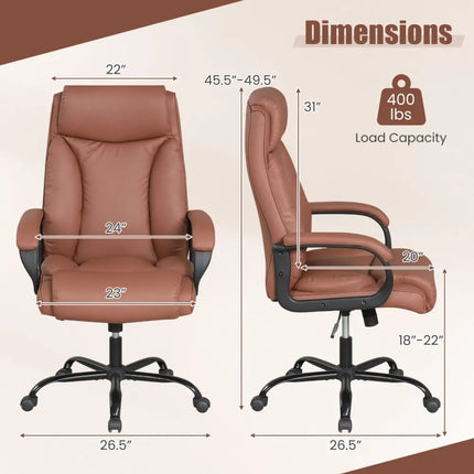 400LBS Big and Tall Chair High Back Executive Chair Ergonomic Leather Computer Chair-Brown - Brown - Big and Tall Chairs