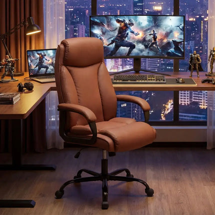 400LBS Big and Tall Chair High Back Executive Chair Ergonomic Leather Computer Chair-Brown - Brown - Big and Tall Chairs
