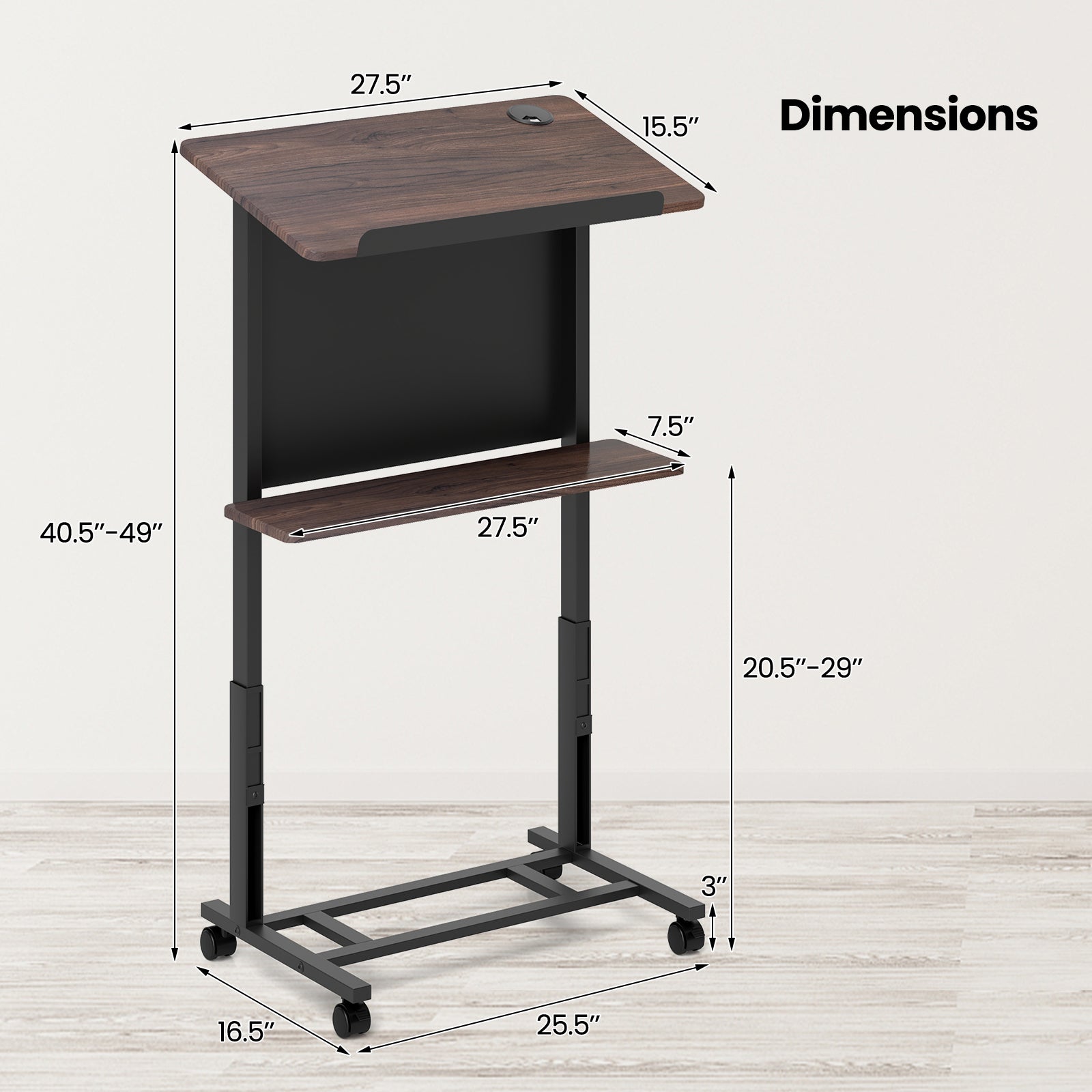 40.5-49 Inch Height Adjustable Rolling Podium Stand Lectern Table-Black