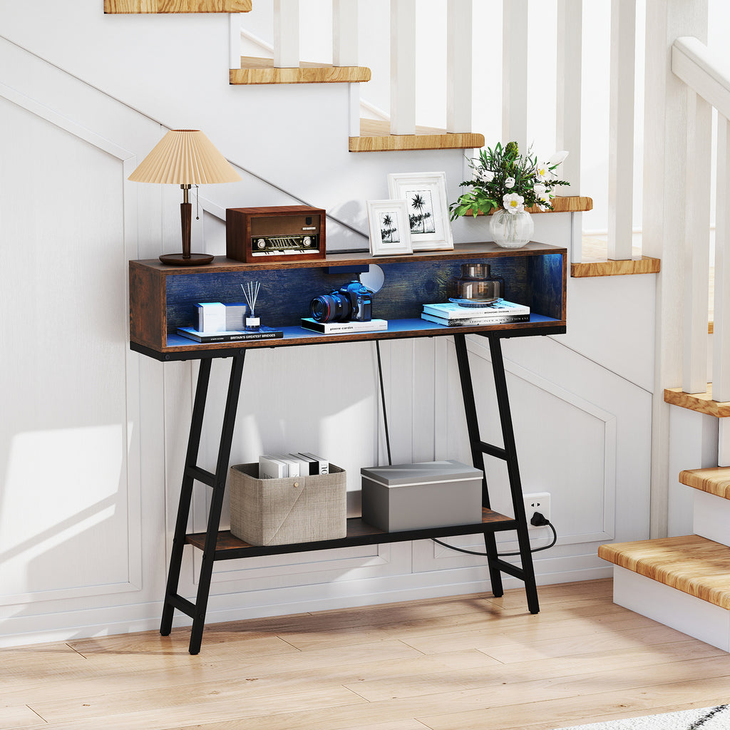 Console de 40 pouces avec station de recharge et lumières LED - Marron rustique
