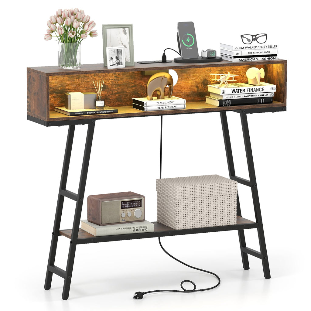 Console de 40 pouces avec station de recharge et lumières LED - Marron rustique