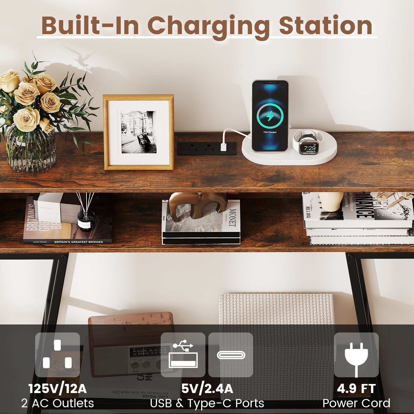 Console de 40 pouces avec station de recharge et lumières LED - Marron rustique