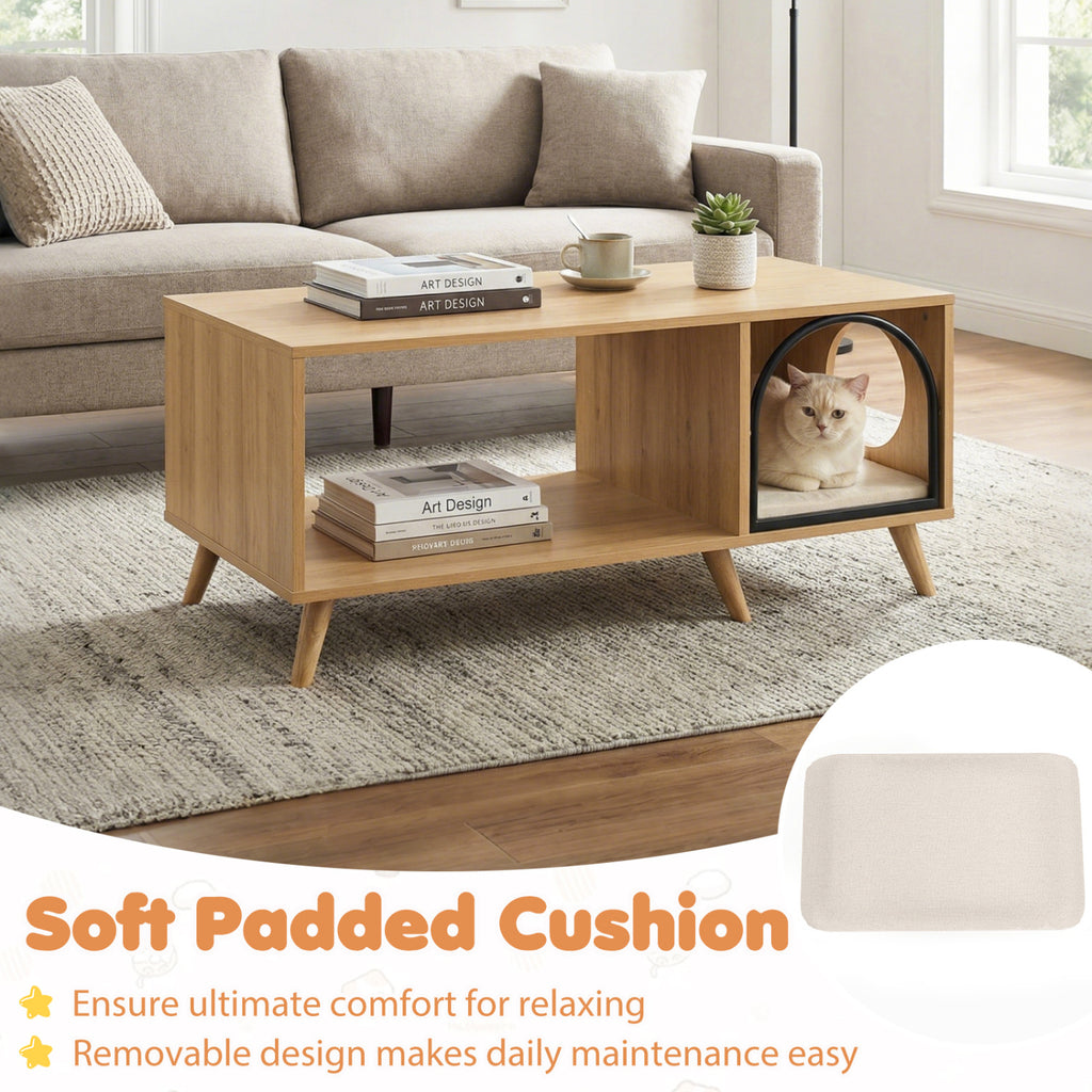 40 Inch Coffee Table Cat House 2-in-1 Wooden Kitten Furniture with Open Storage Shelf-Natural