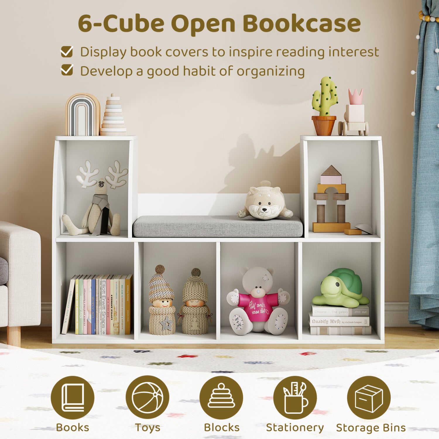 40 Inches Kids Bookshelf with Reading Nook Bookcase with 6 Open Cubes-White